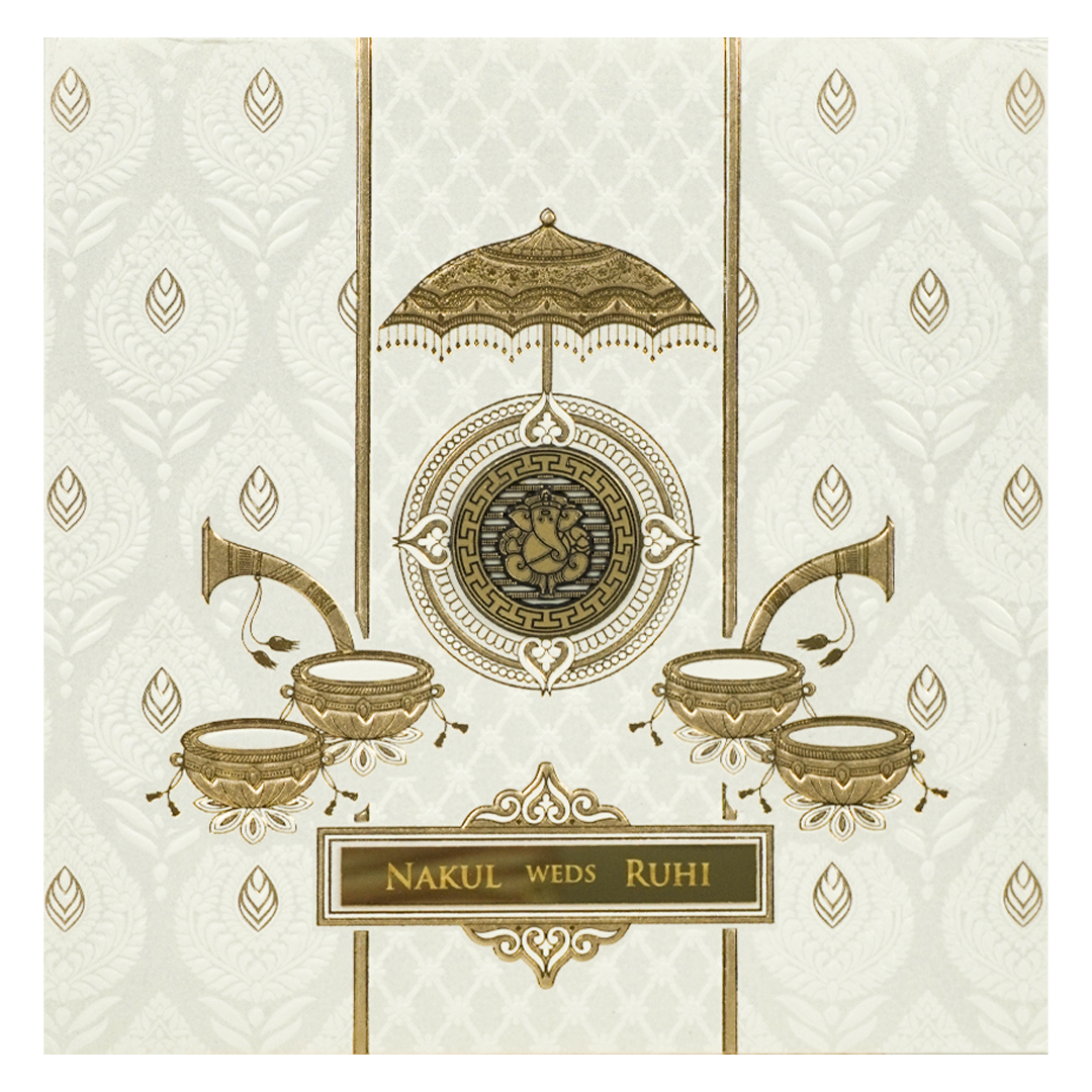White Musical Ganesha Padded Wedding Card-KRE28270