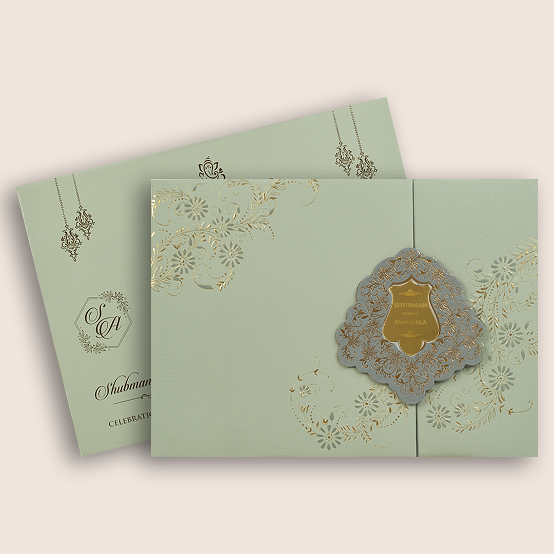 Pastel Green Embossed Floral Door Style Padded Marriage Card - KRB10461
