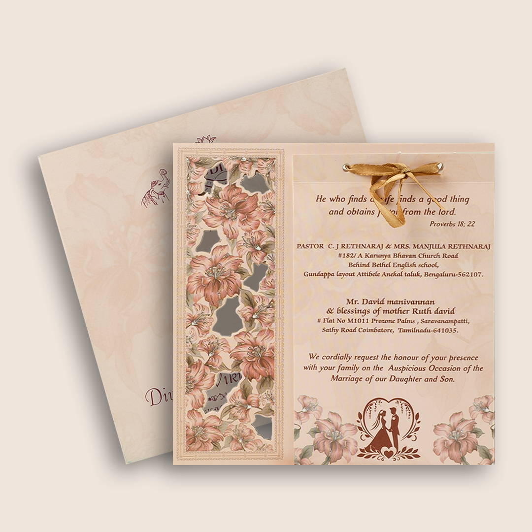 Peach Laser Cut Floral MDF Wedding Card - KNKA8050