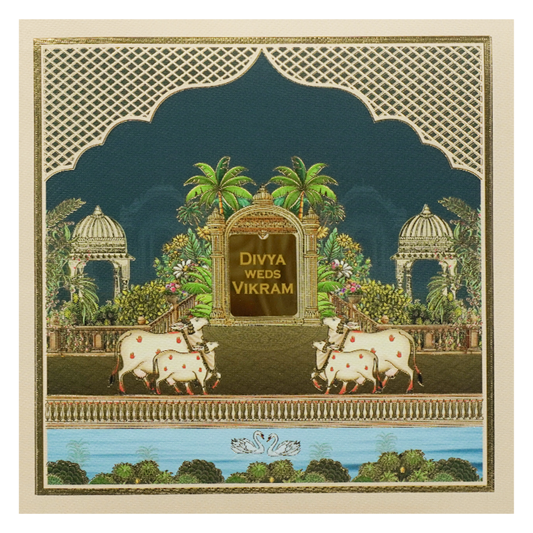 Navy Blue Kamadhenu Palm Wedding Card-KNKD8113