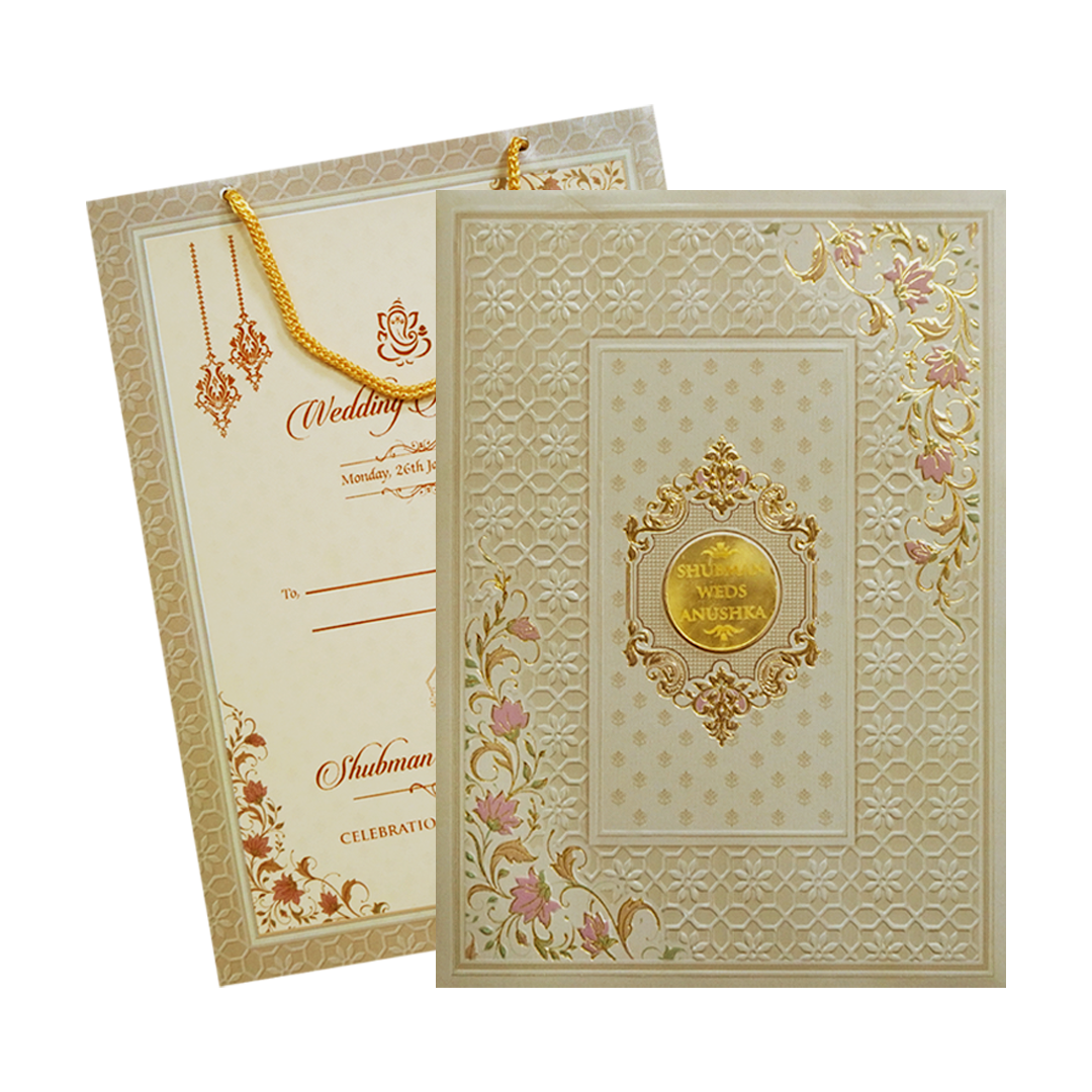 Cream Padded Embossed with Bag Wedding Invitation Card-KRB09560