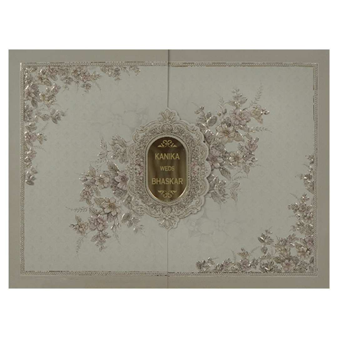 Grey Floral Gold Oval Wedding Card-KSI64990