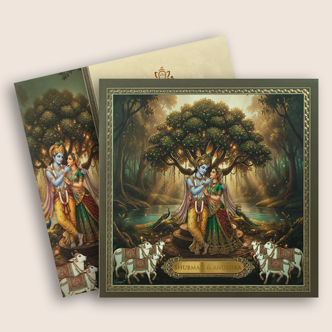 Green Lord Radha Krishna Padded Wedding Invitation - KRB10530