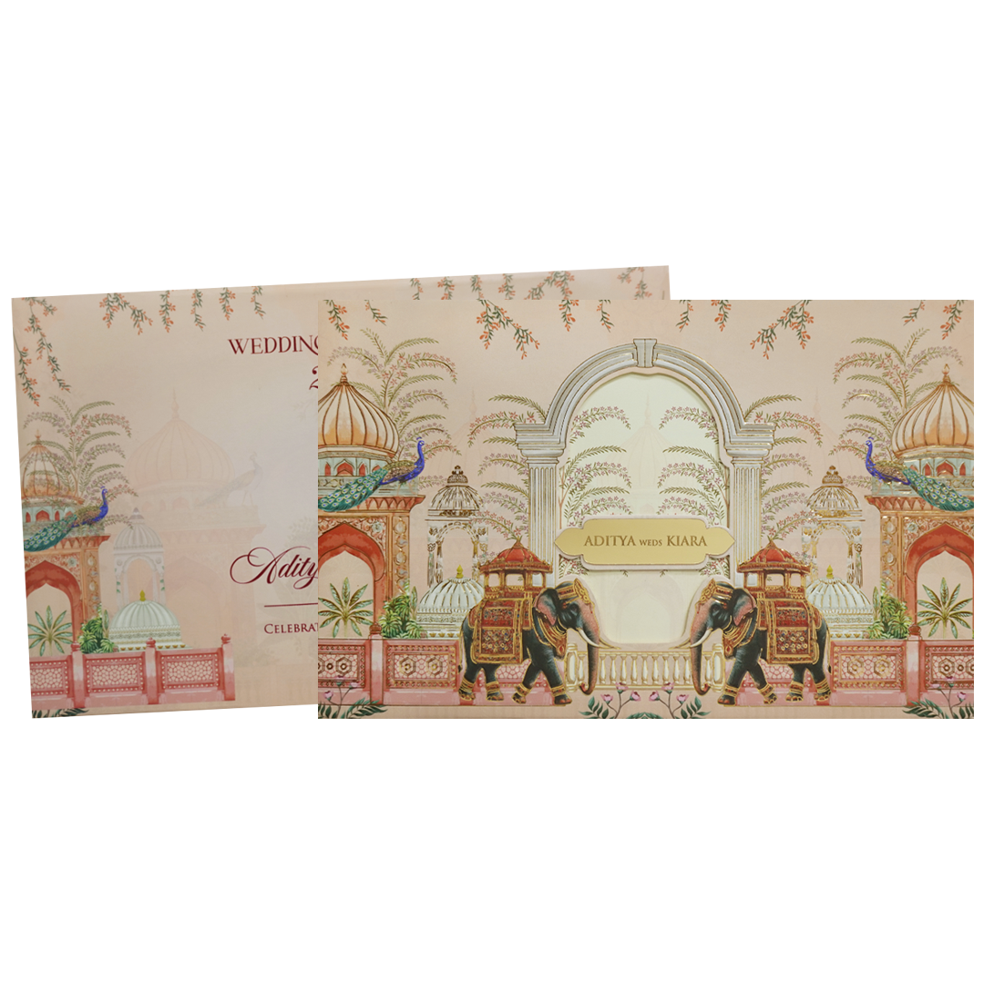 Cream Palace Elephant Theme Wedding Card - KFR16340