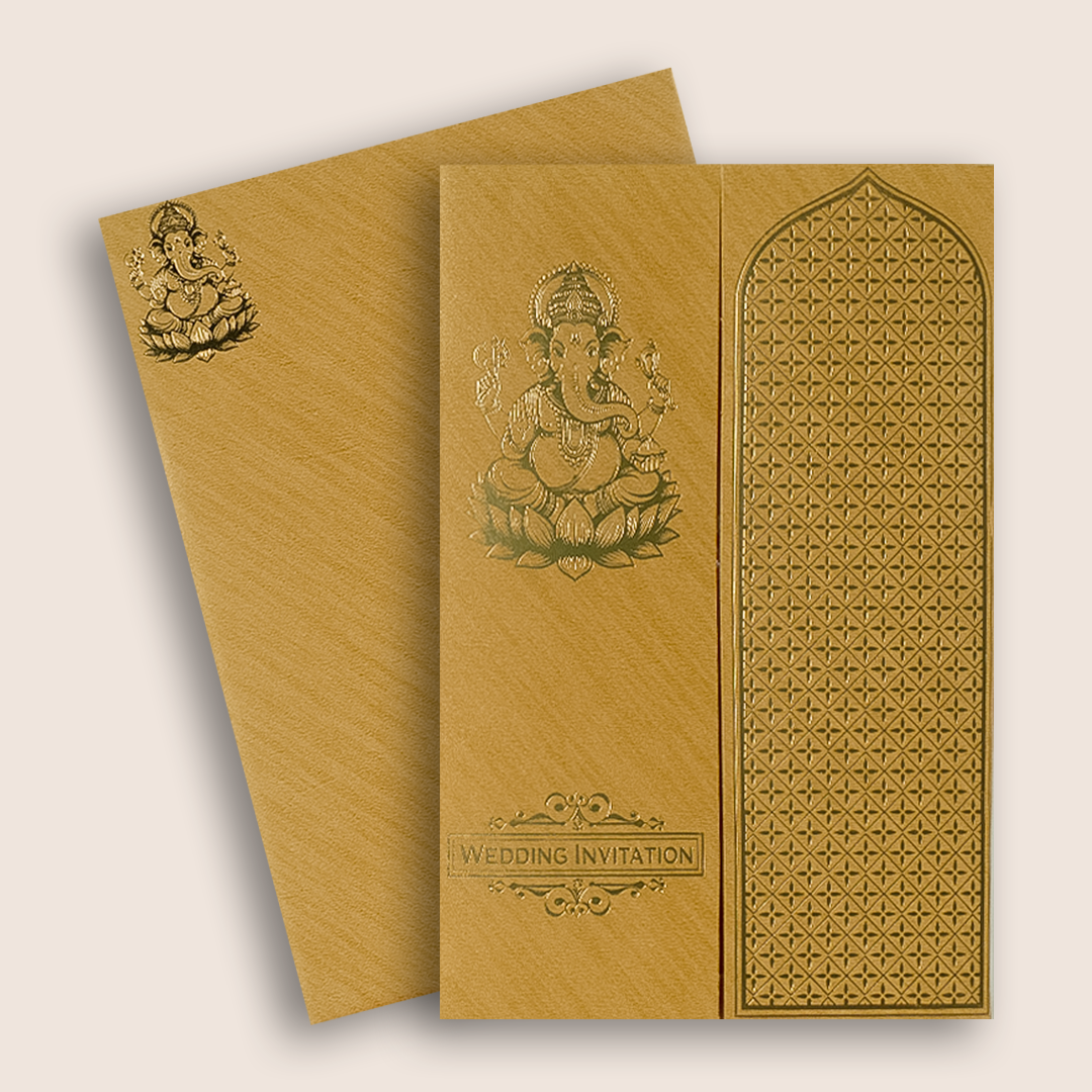 Brown Gold Ganesha Lattice Door Style Wedding Card - KNCM050G