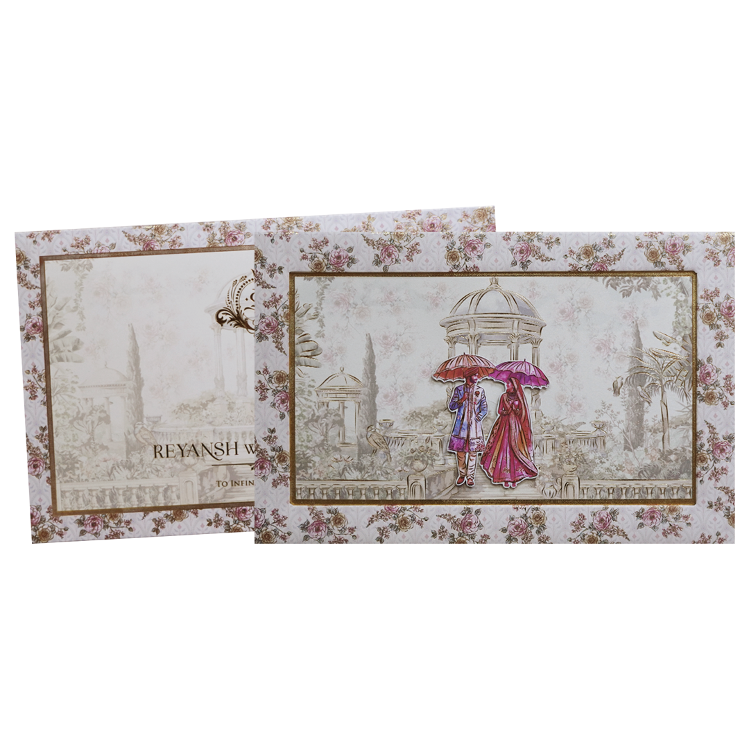 Grey Floral Palace Umbrella Couple Boxed Wedding Card - KVN07680