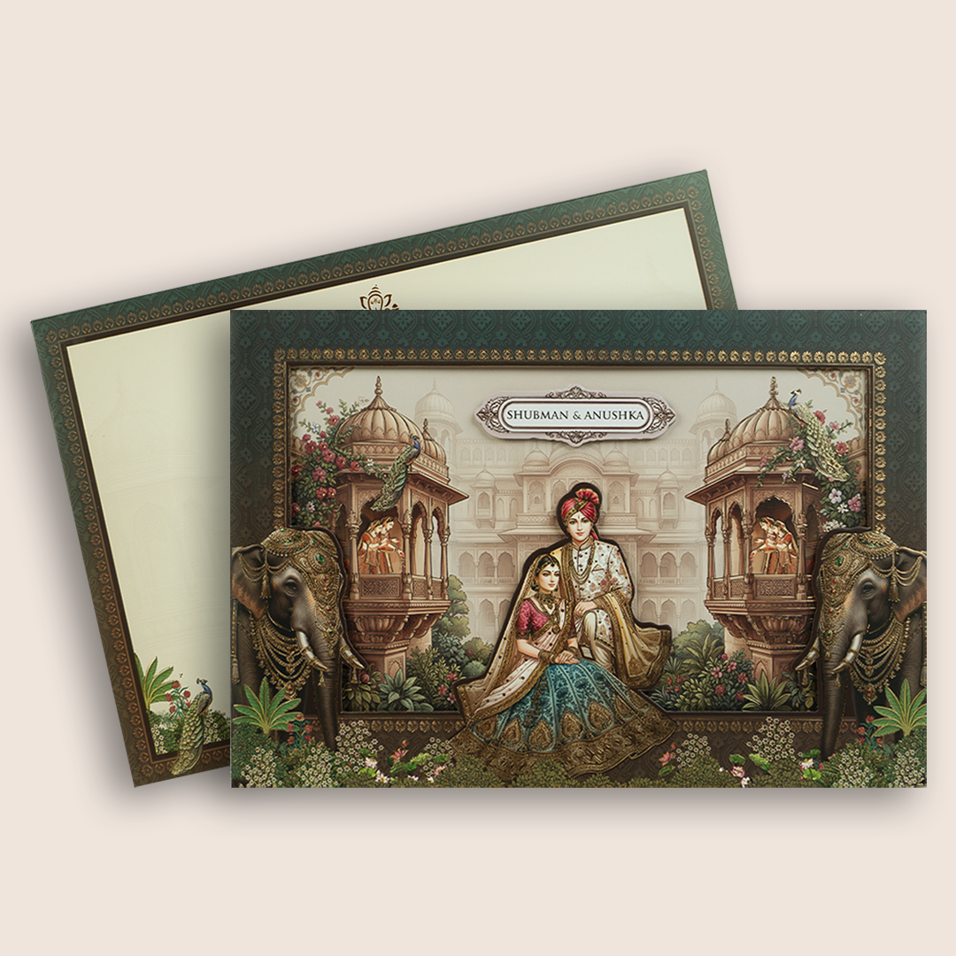 Green Bride Groom Laser Cut Padded Wedding Invitation - KRB10740