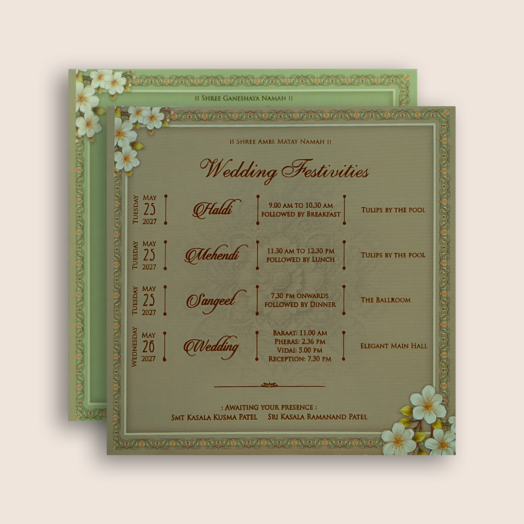 Olive Green Floral Padded Wedding Invitation Card - KRE29030