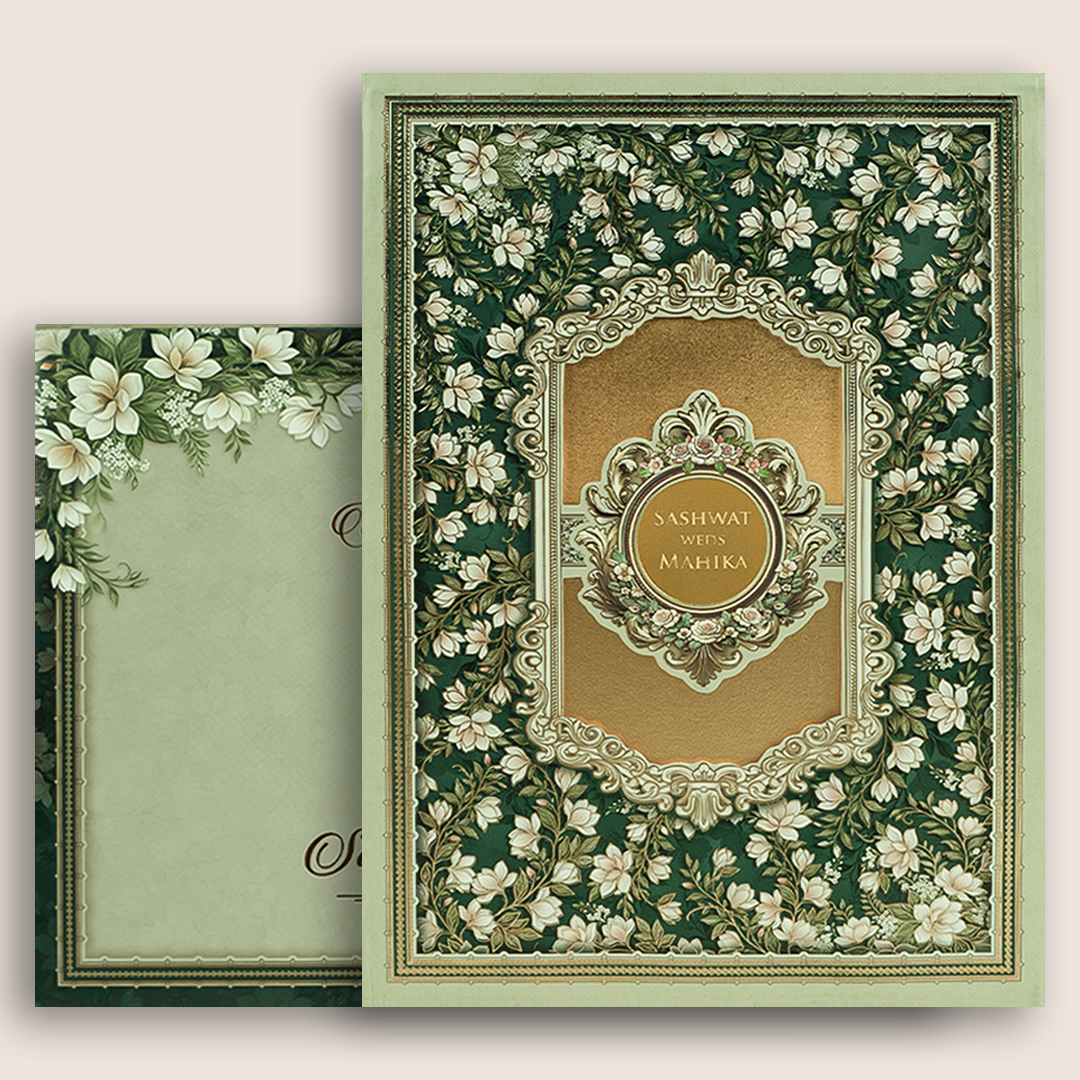 Green Floral Laser Cut Padded Wedding Card - KRE29070
