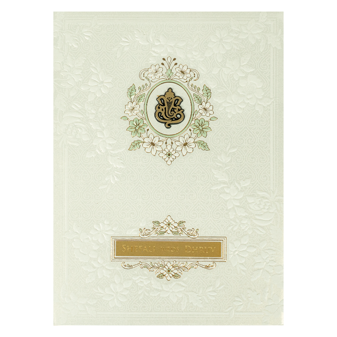 White Ganesha Embossed Padded Wedding card-KRE28190