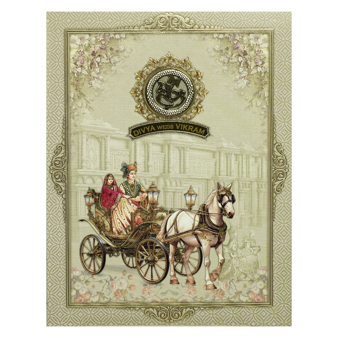 Green Floral Bride Groom Palace Wedding Card-KNKJ1155