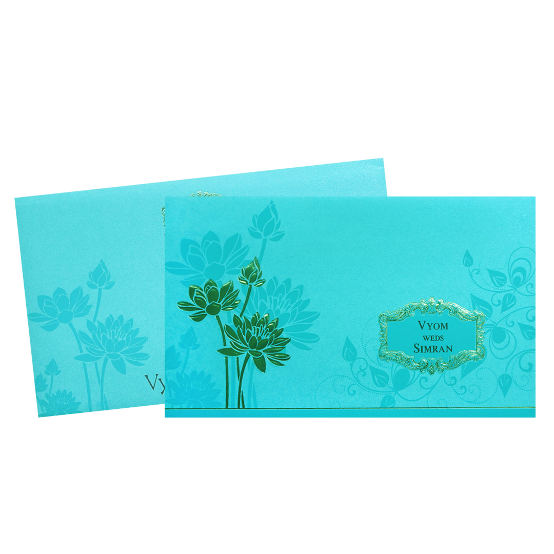 Blue Gold Embossed Lotus Wedding Invitation Card-KPR06340
