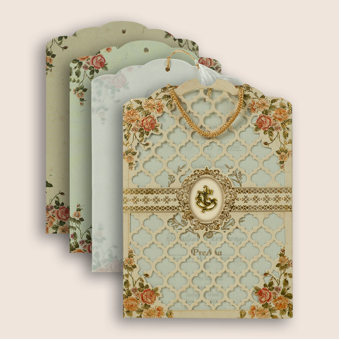 Cream Rose Floral Laser Cut Bag Style Wedding Invitation - KVN06340