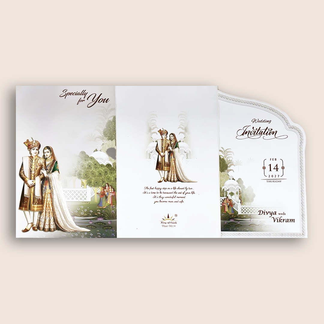 White Bride Groom Folded Wedding Card - KNTH9614W