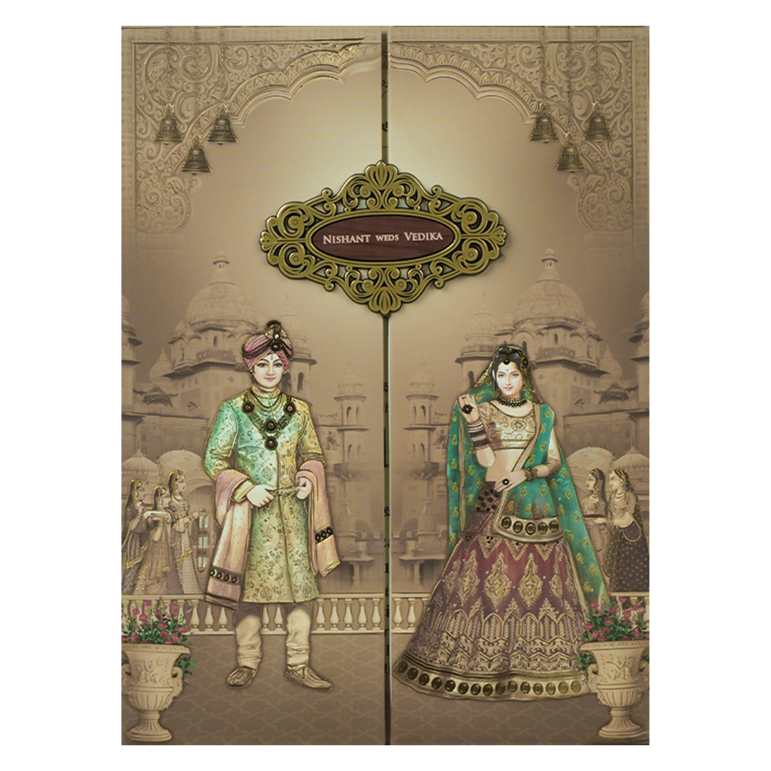 Brown Palace Royal Couple Padded Wedding Card-KRE27900