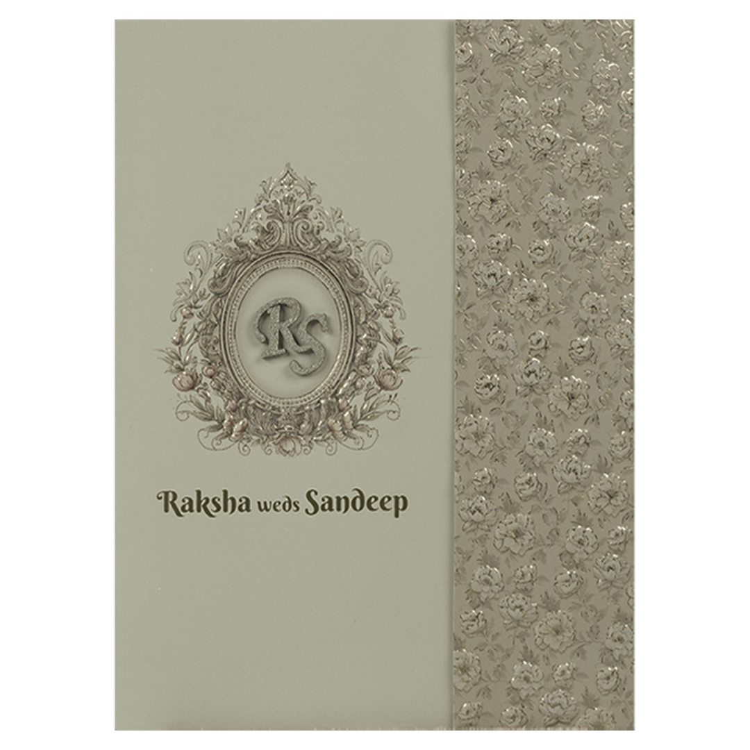 Grey Gold Embossed Floral Wedding Card-KSI64920