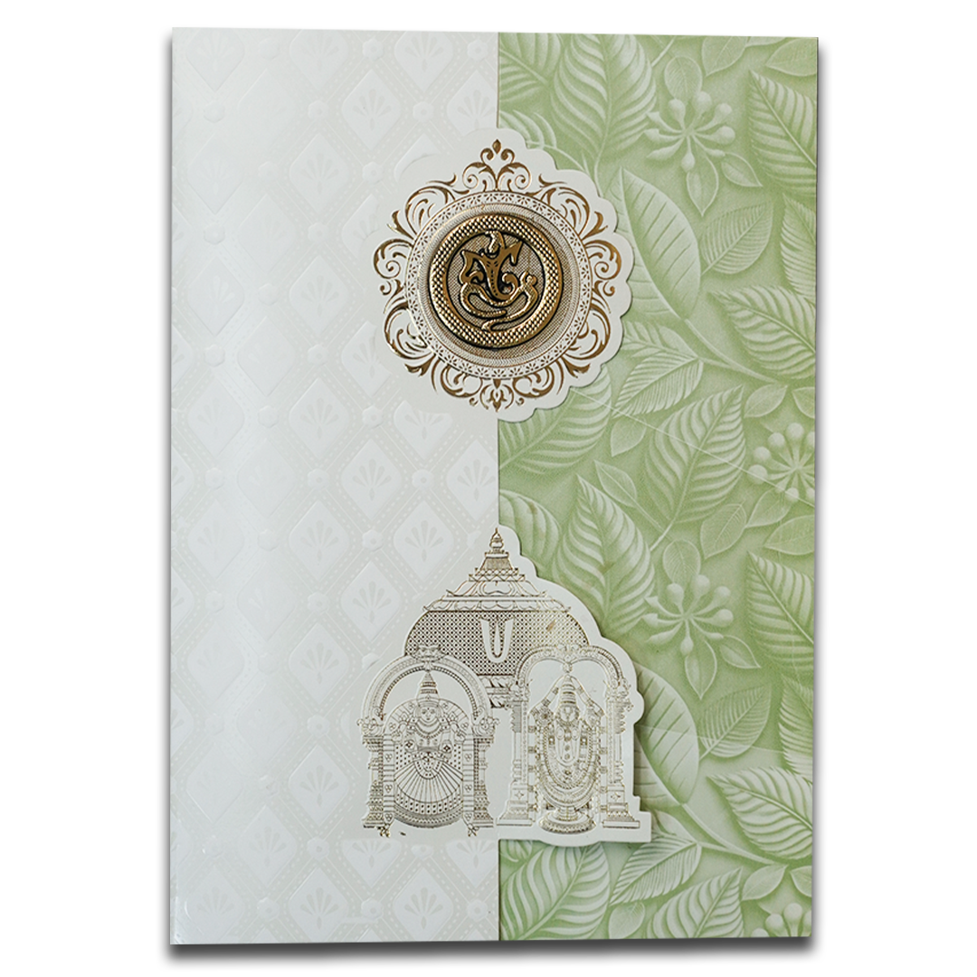 White Pastel Green Ganesha Temple Wedding Card-KNA2401G