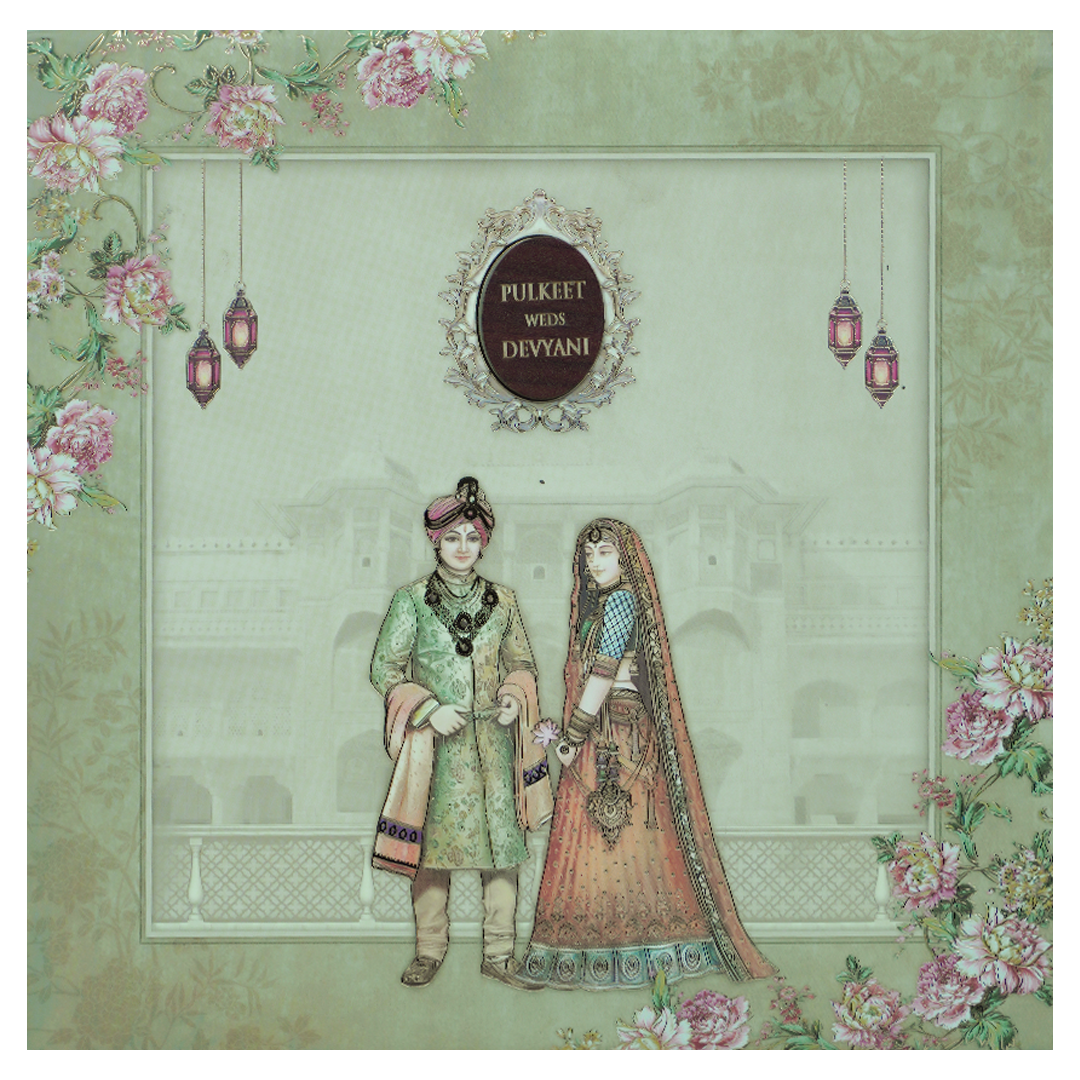 Green Floral Couple Palace Padded Wedding Card-KJTS1820