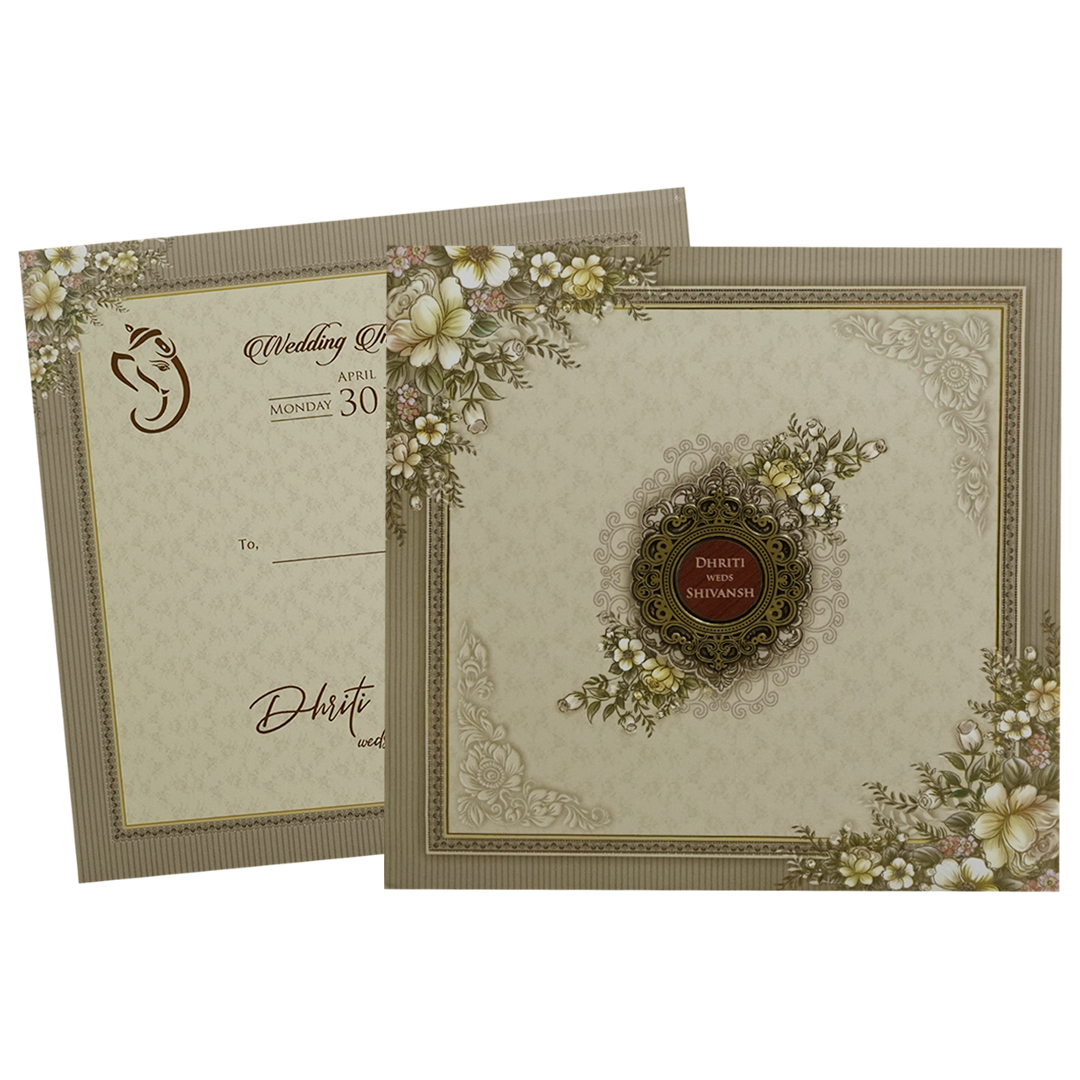 Beige & Green Floral Padded Wedding Card-KSH72690