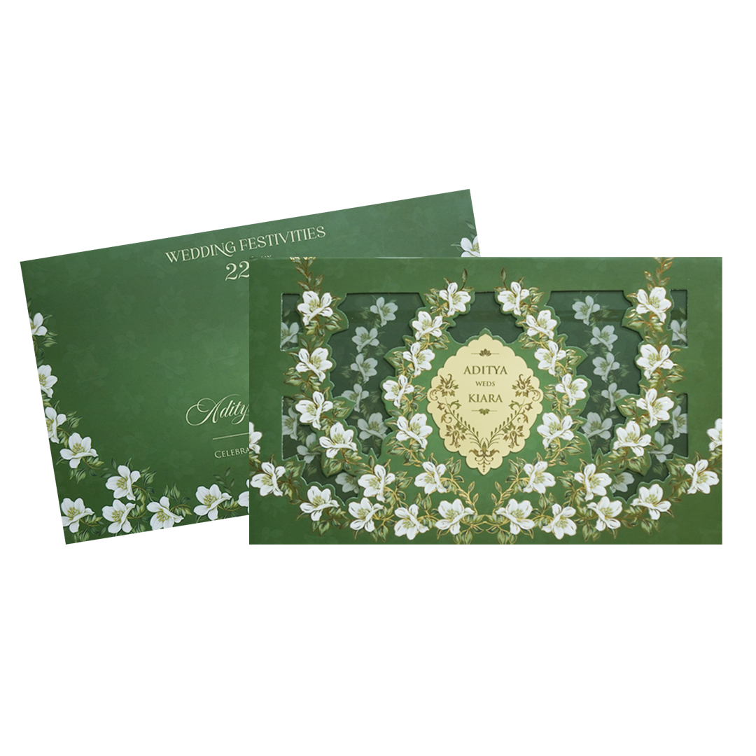 Elegant Green Floral Laser Cut Wedding Card - KFR16300
