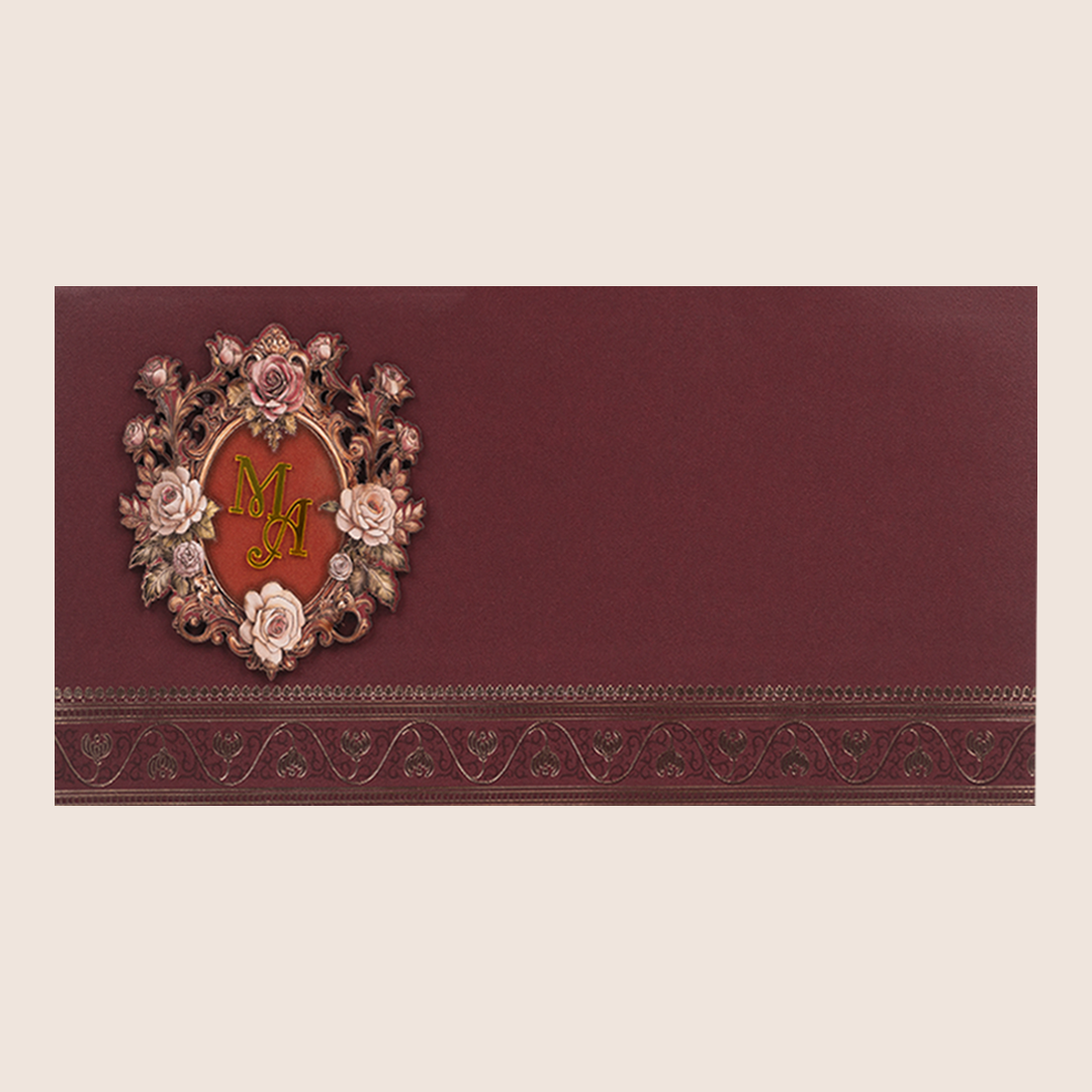 Maroon Floral Padded Bag Style Wedding Card - KPR024890