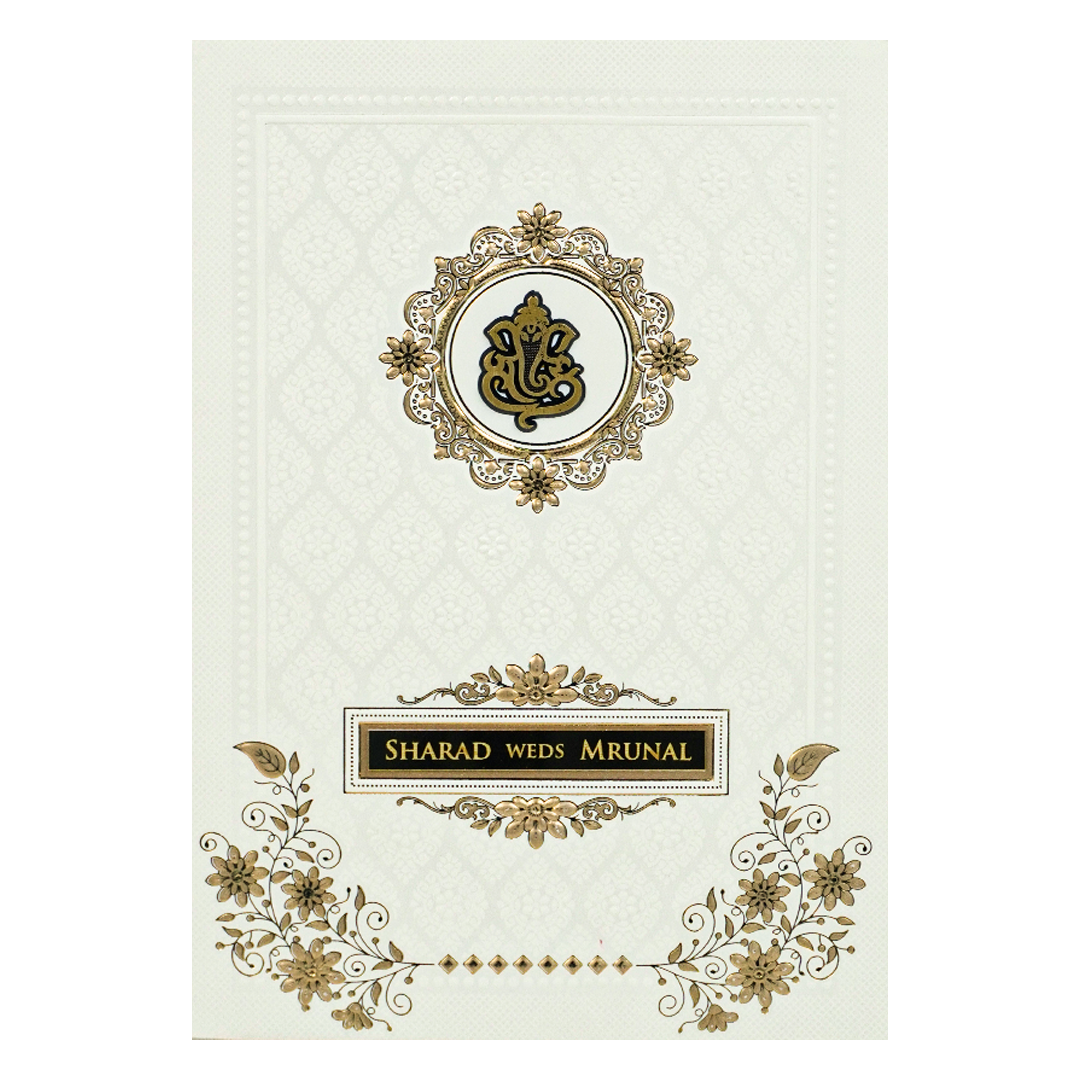White Ganesh Embossed Floral Wedding card-KRE28650