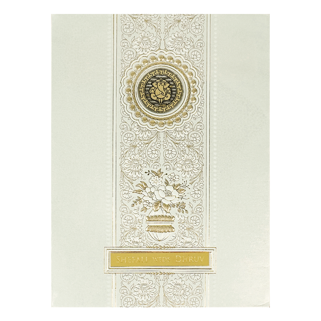 White Ganesha Floral Padded Wedding Card-KRE28220