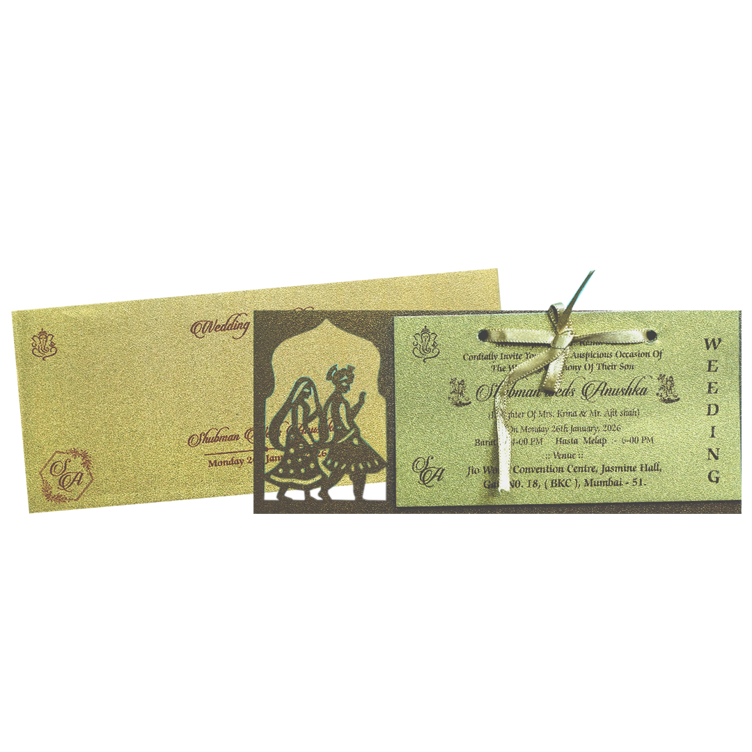 Gold Laser Cut MDF Wedding Invitation Card with Bride & Groom Motif-KRB07020