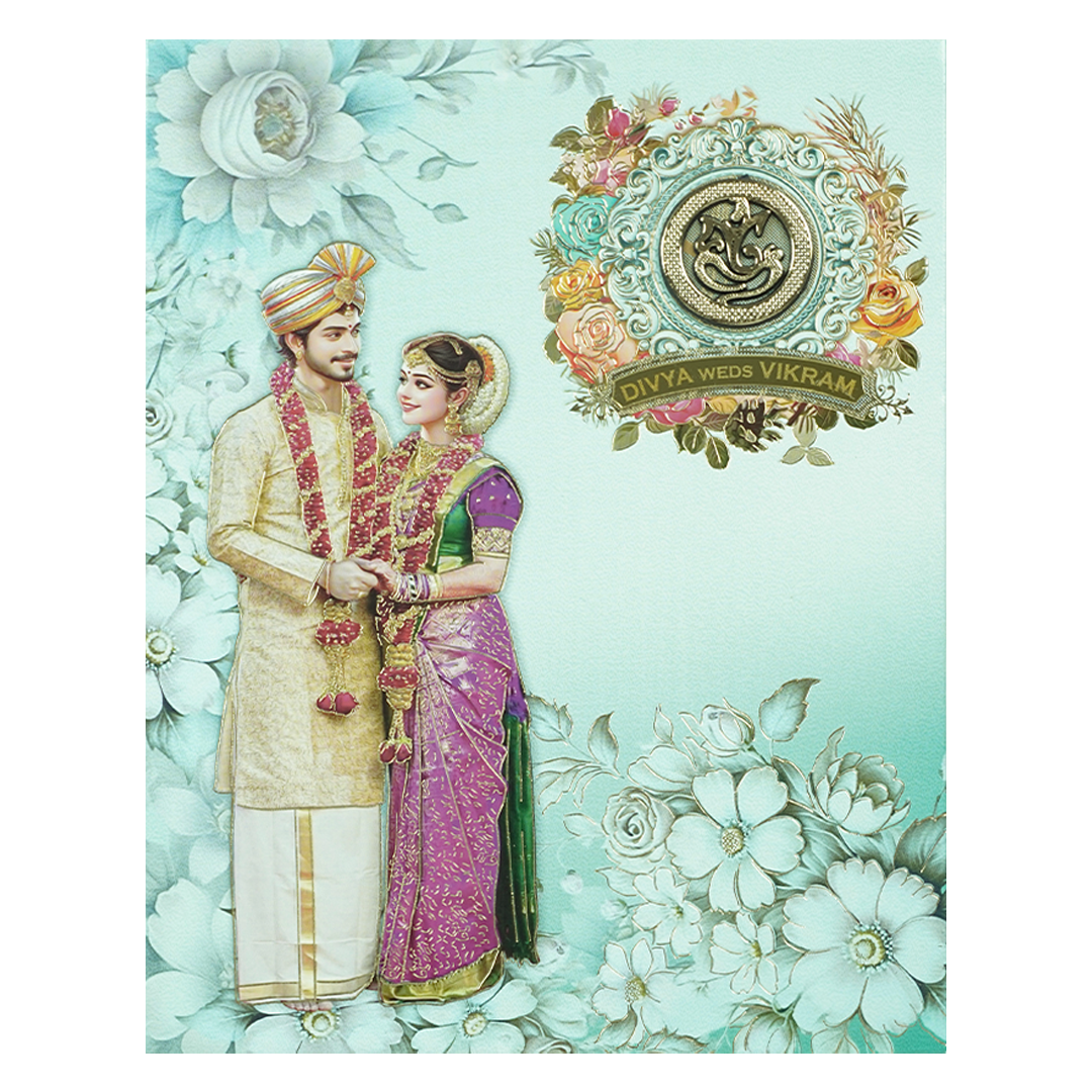 Blue Floral Couple Padded Wedding Card-KNMO9314