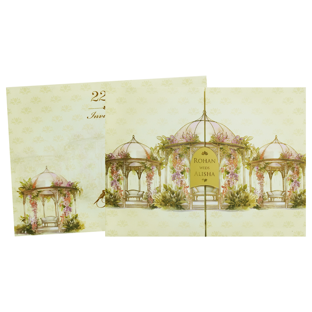 Yellow Pink Dome Gazebo Floral Padded Wedding Card - KFR16320