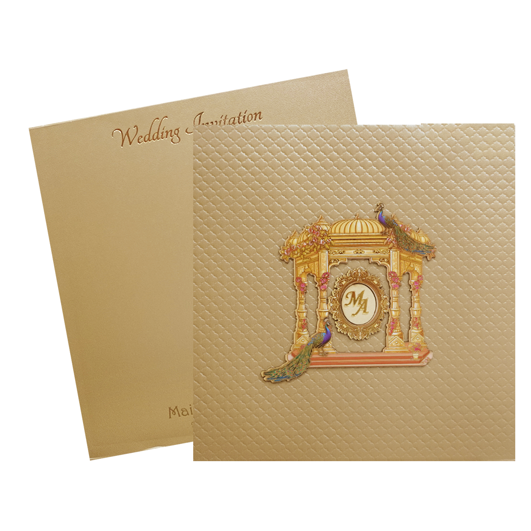 Metalic Gold Laser Cut Palace Padded Wedding Card-KMMWD1129