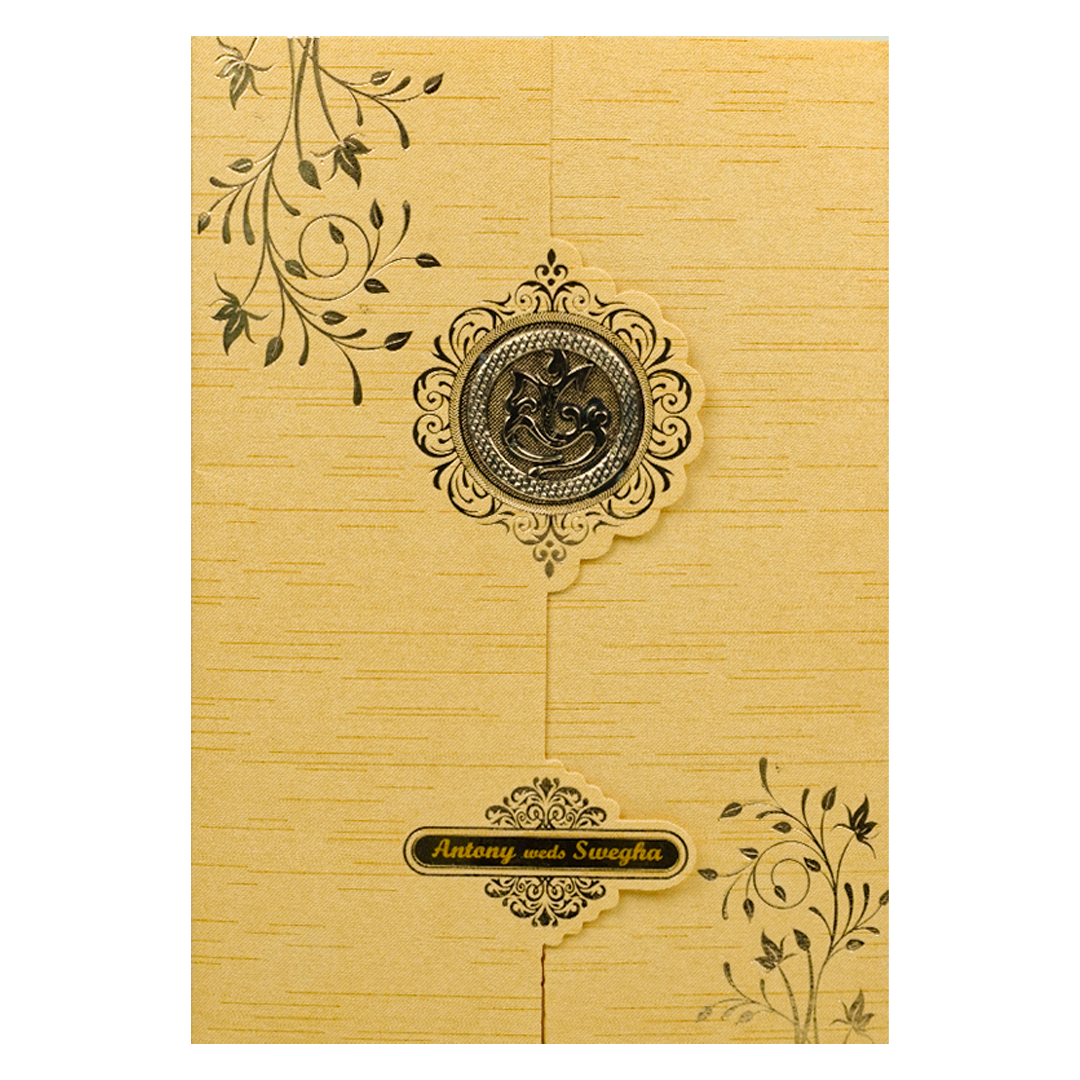 Gold Ganesha Motif Folder Wedding Card-KNT2701GL