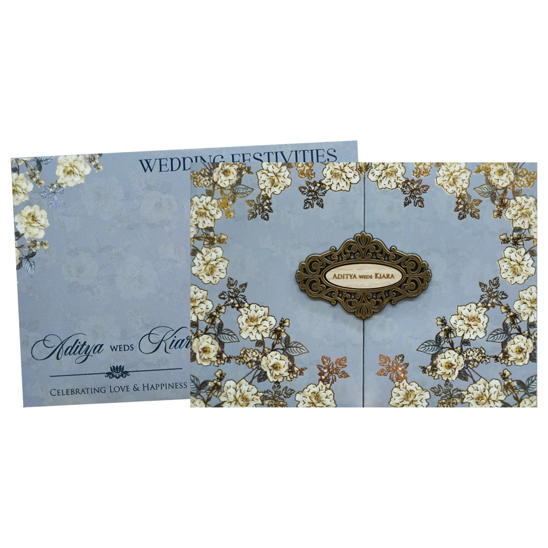 Blue Golden Floral Padded Wedding Card - KFR16400