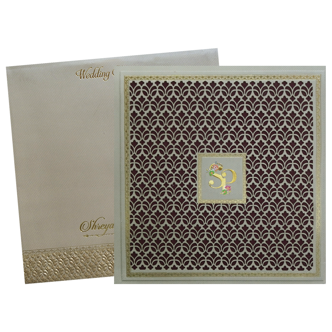Maroon Laser Cut Floral Modern Wedding Card-KMMEX8240