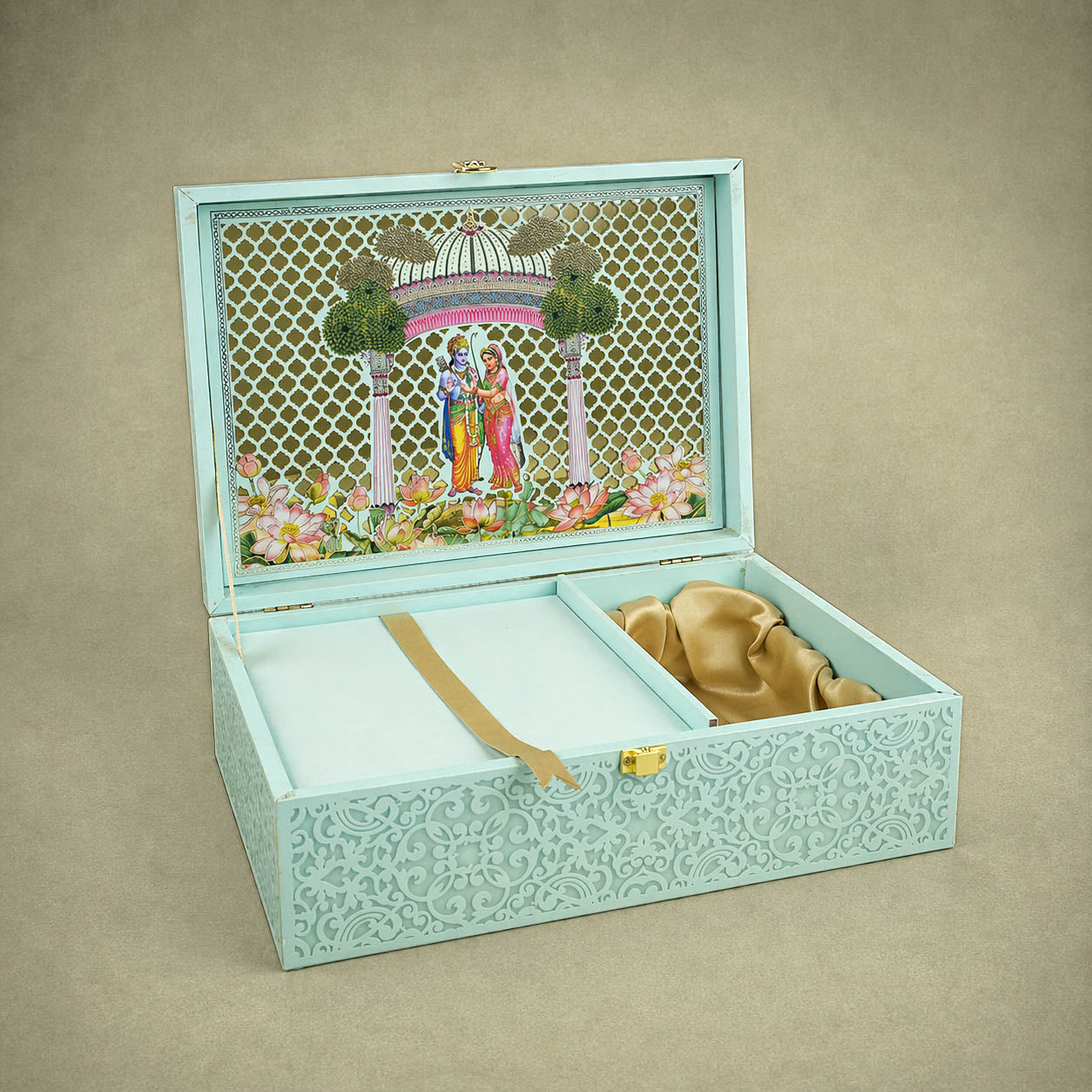 Blue Premium South Indian Temple Arch Luxury Invitation Box - KNLW202571
