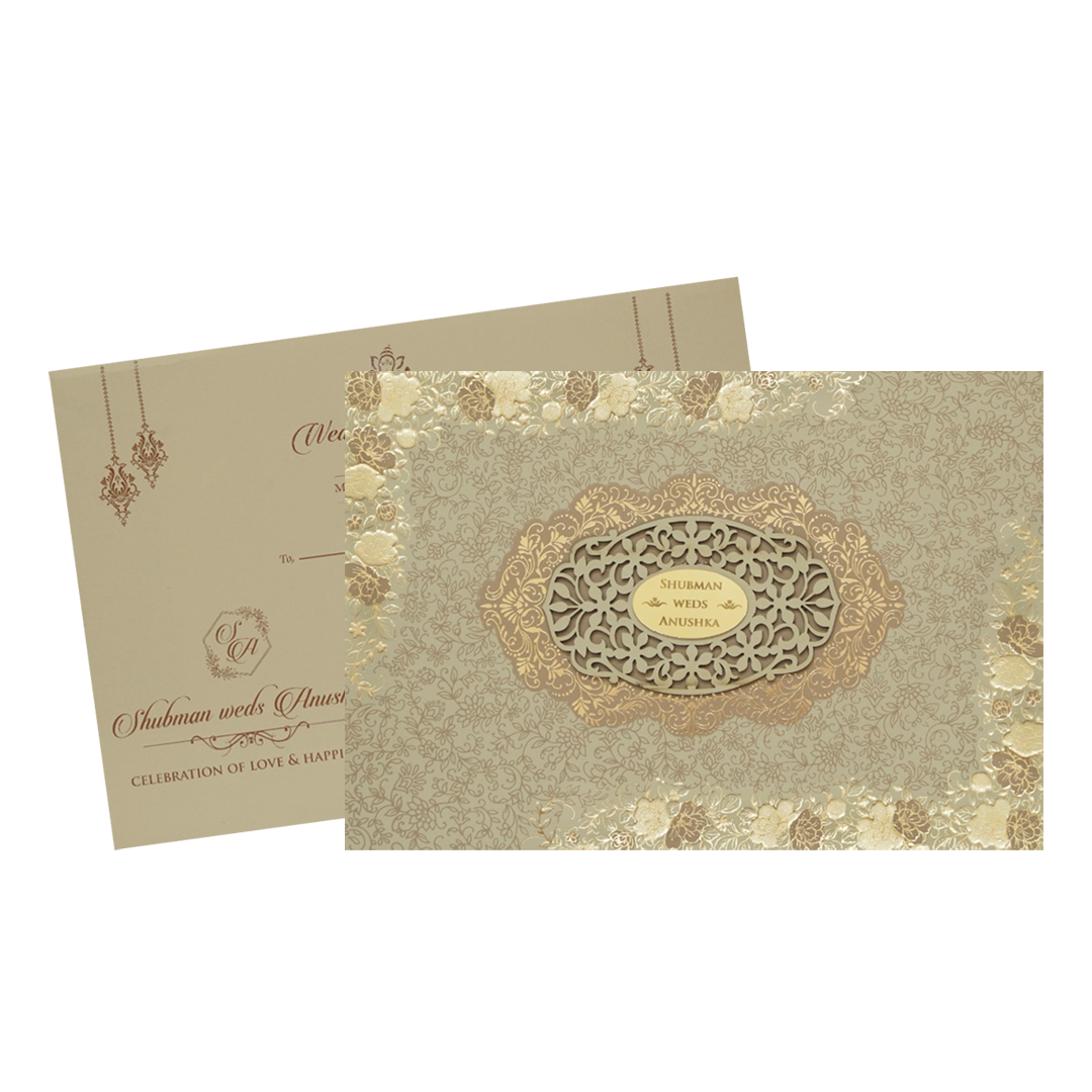 Beige Padded Embossed Floral Wedding Invitation Card-KRB09792