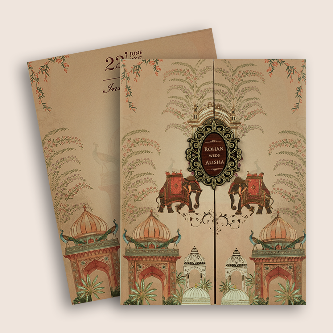 Peach Elephant Peacock Door Style Padded Wedding Card - KFR17310
