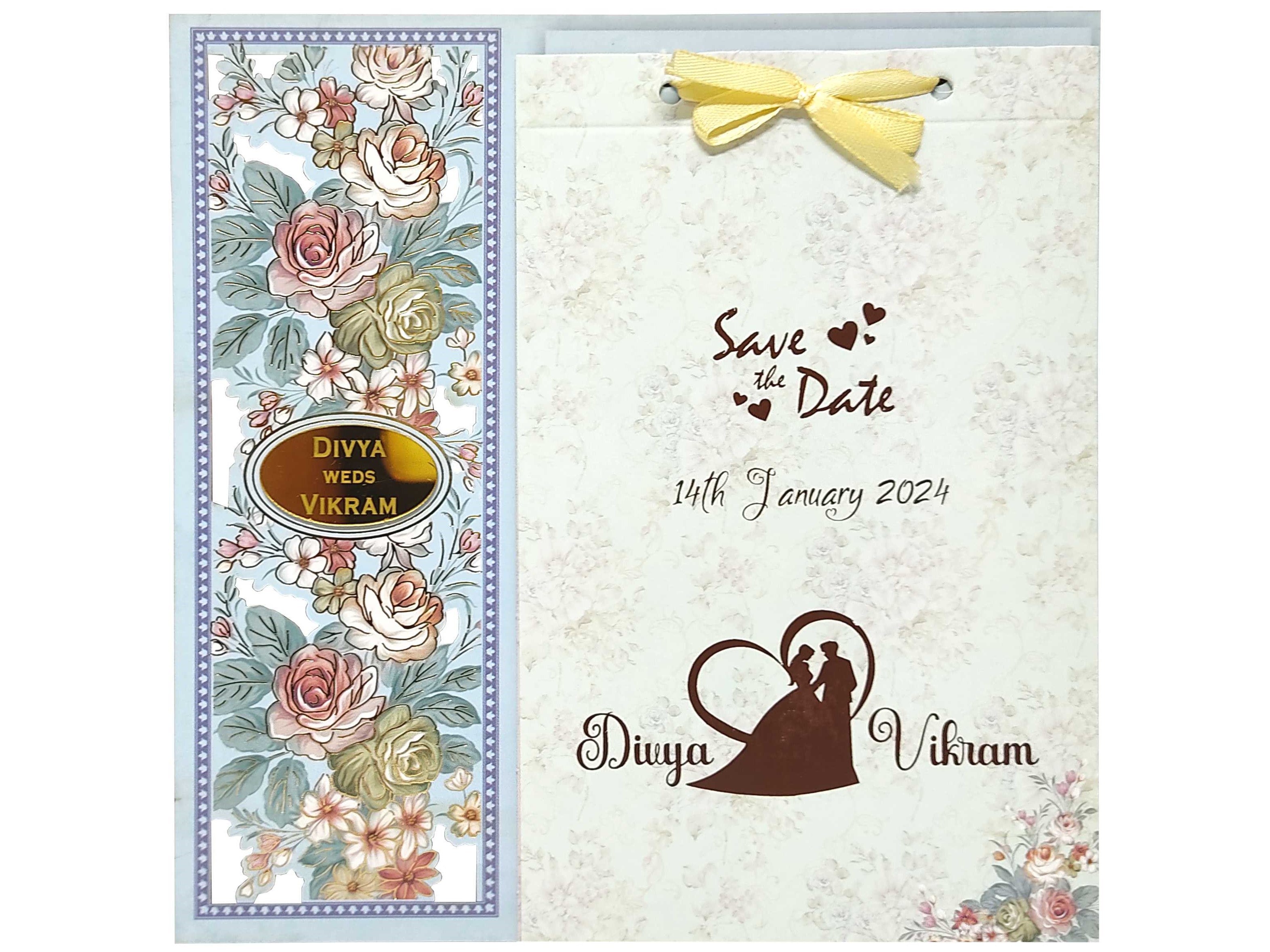 Blue Floral Offset Print Wedding Invitation Card-KNKA8063-King of Cards