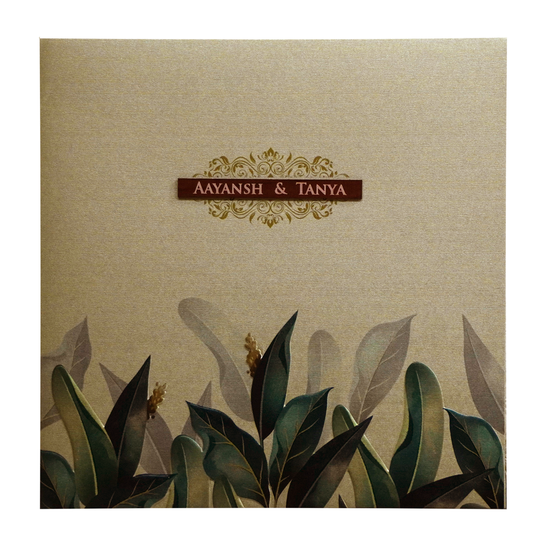 Khaki Embossed Leaf Wedding Invitation-KRC30602