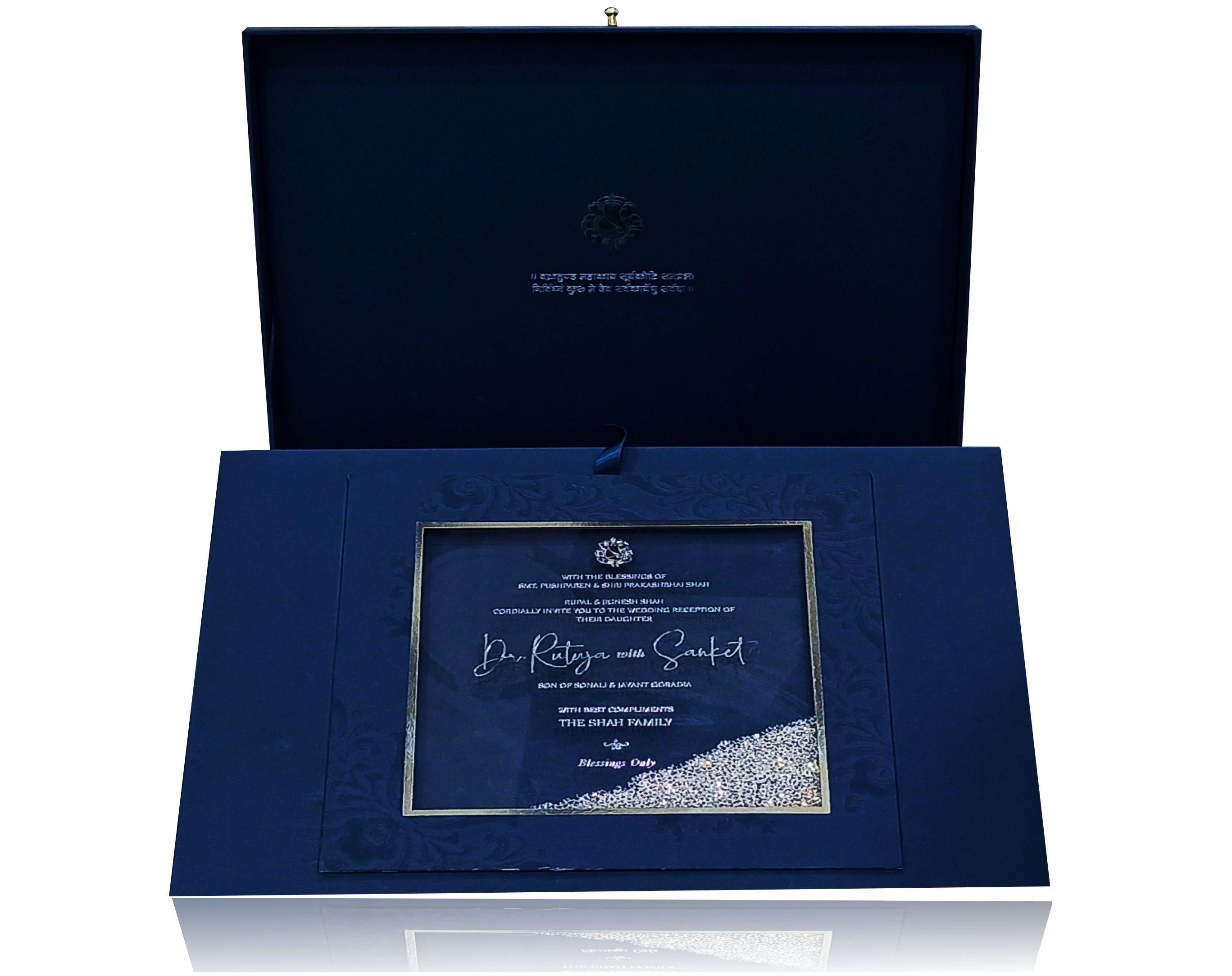 Navy blue crystal premium wedding box card-KNKUP026