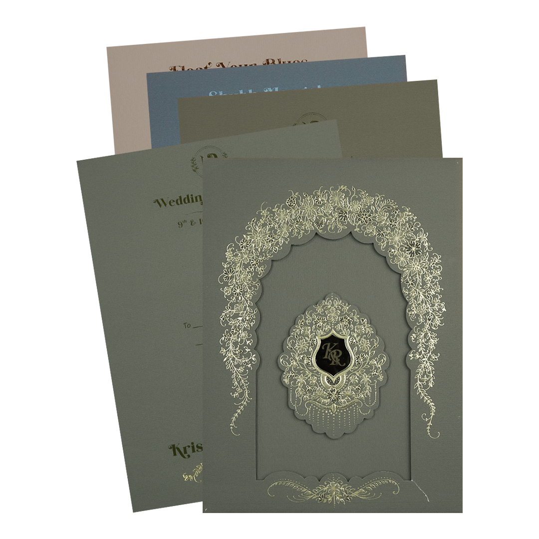 Check out Grey Gold Arch Floral Padded Wedding Card at best price. ✅WhatsApp Support ✅Express Delivery.|King of cards.