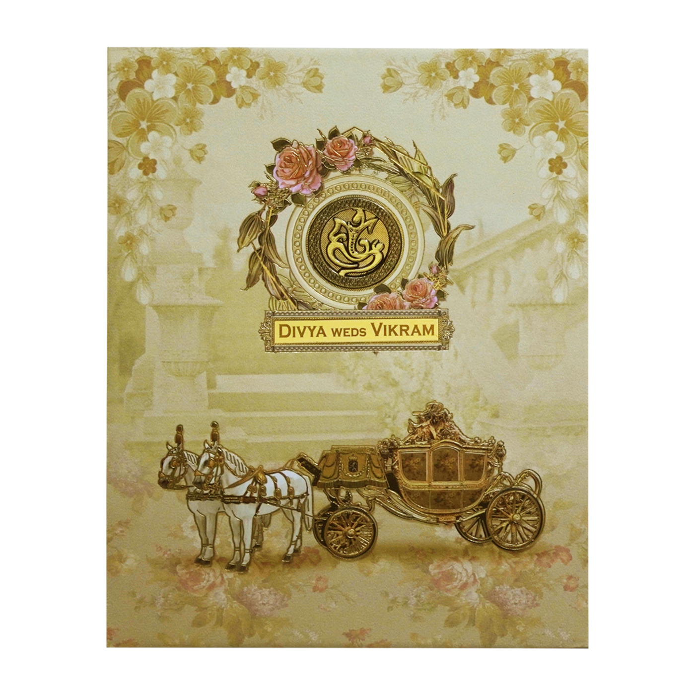 Cream Horse Chariot Padded Wedding Card-KNMO9301
