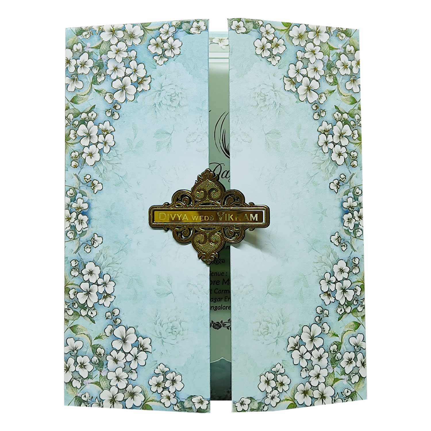 Blue Floral Door Padded Wedding Card-KNMO9303