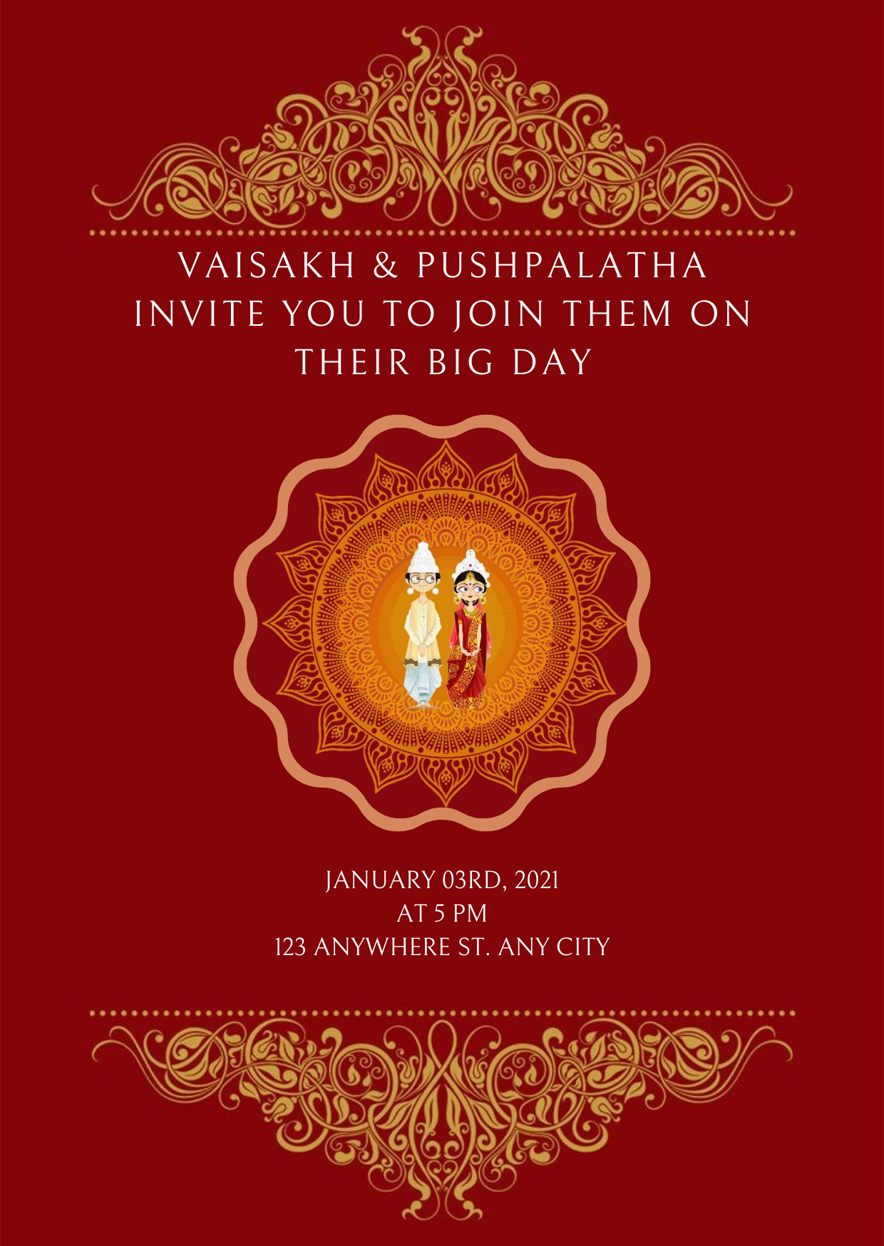 Red Floral Caricature Bengali Wedding Invitation-King of Cards