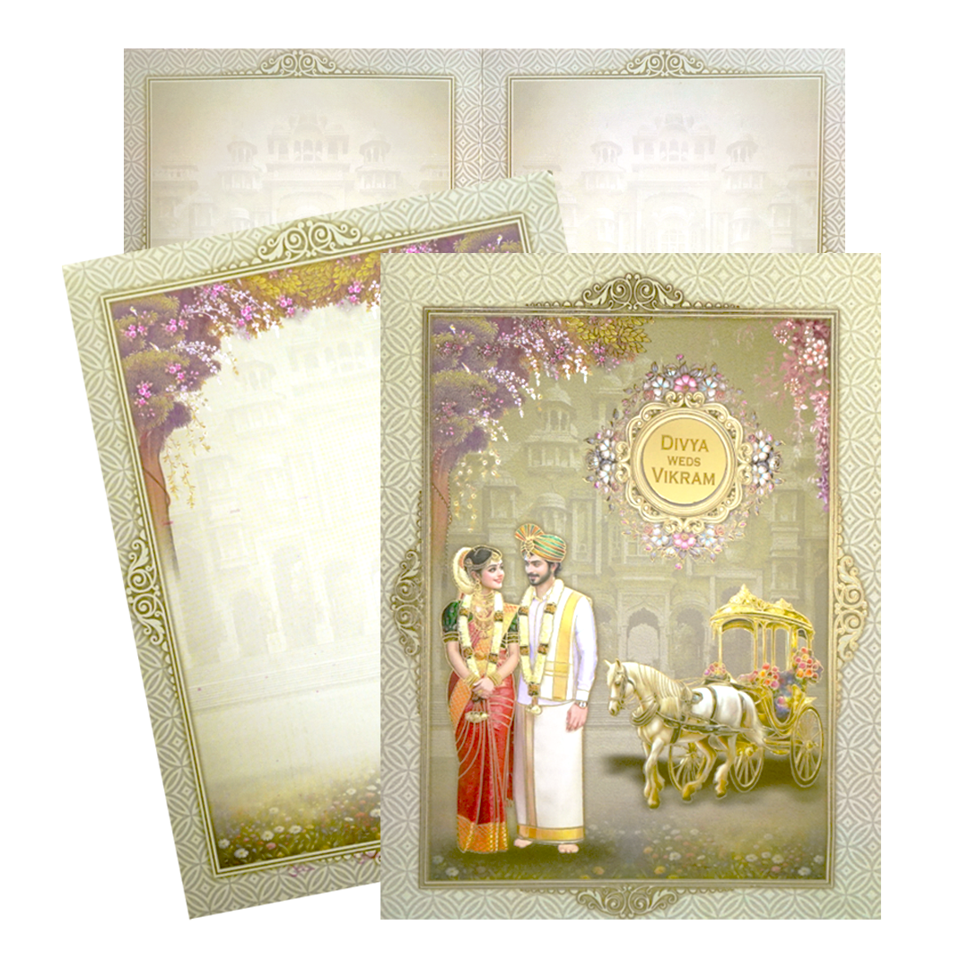 Green Bride & Groom and chariot Wedding Card-King of Cards
