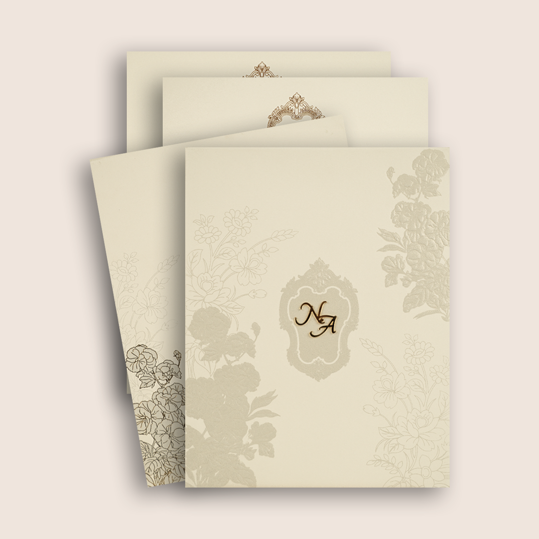 White Grey Floral Embossed Padded Invitation Card - KPR010200