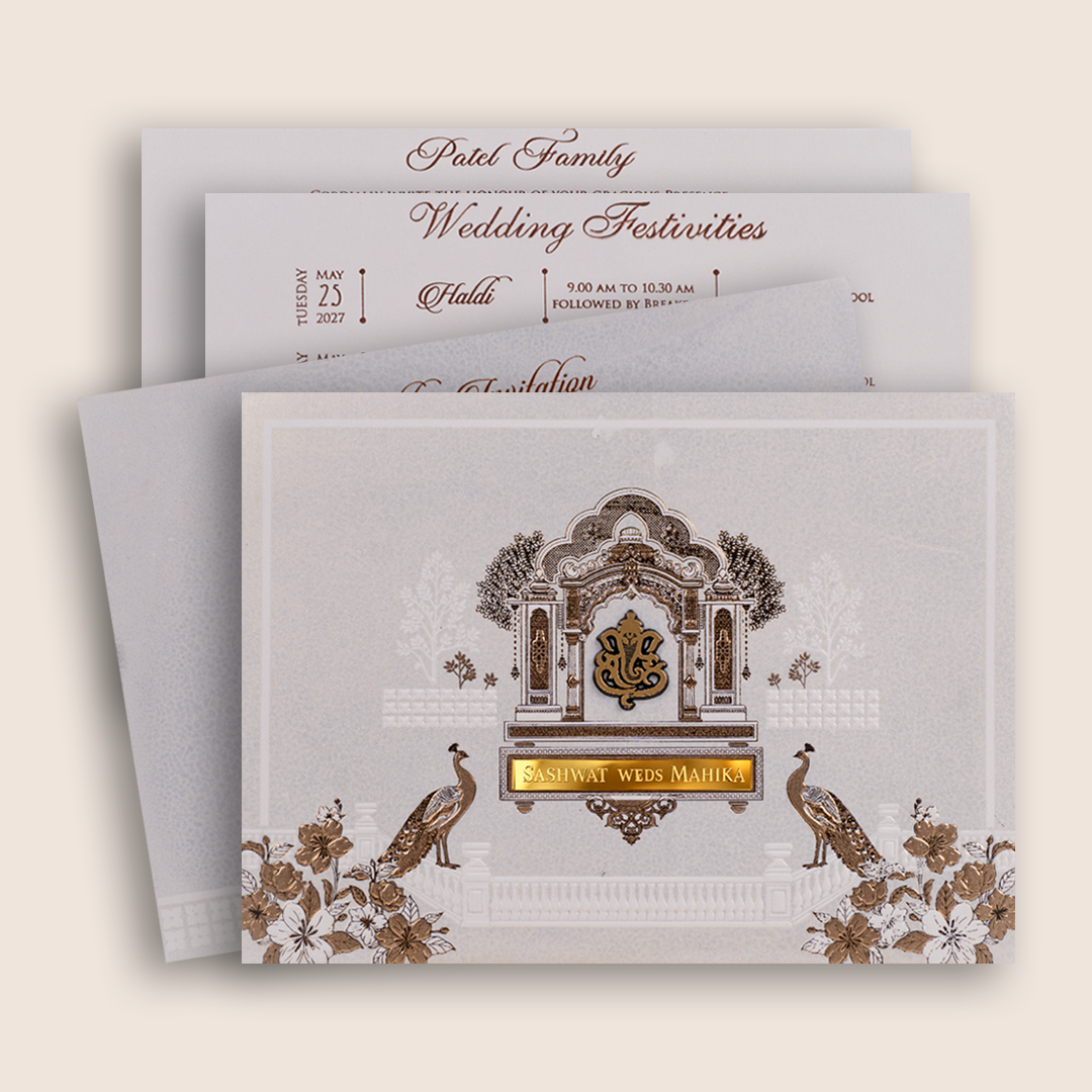 Ivory Floral Peacock Padded Wedding Invitation Card - KRE29240