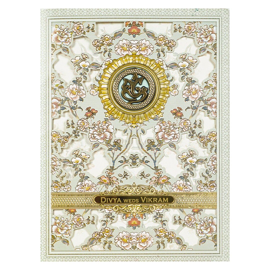 Ivory Green Floral Laser-cut Wedding Card-KNZT2301