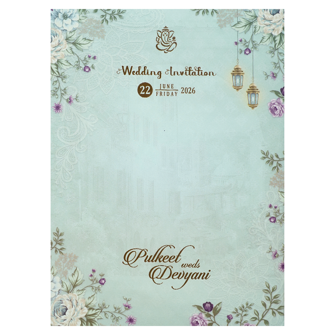 Blue Floral Lantern Padded Wedding Card-KJTS1833