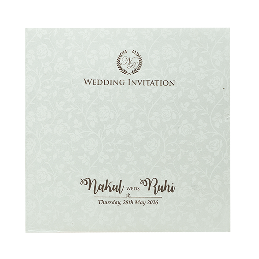 White Ganesha Floral Embossed Wedding Card-KRE28550